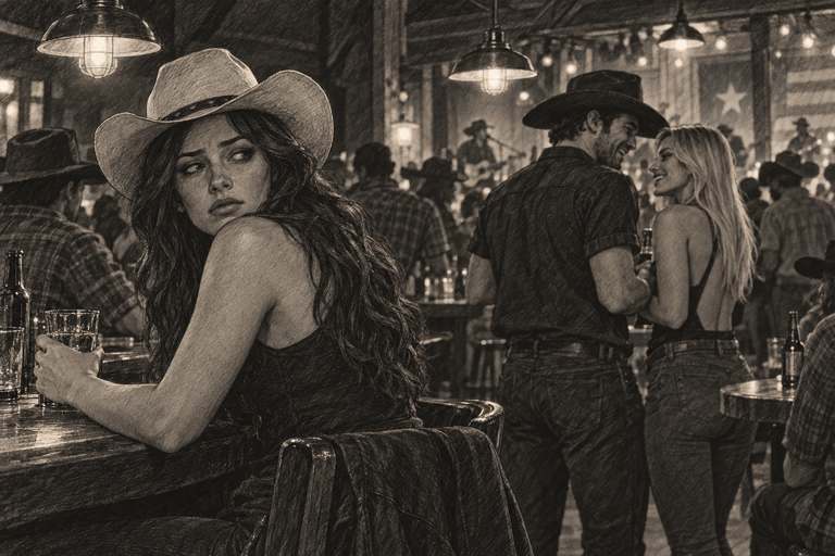 Pencil reconstruction: at a crowded bar, a woman in a cowboy hat looks over her shoulder at her boyfriend laughing with a blonde woman.