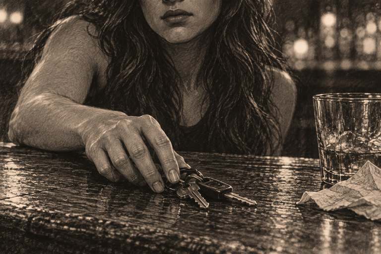 Pencil reconstruction: close-up of her hand sliding truck keys off the bar beside an unfinished drink.