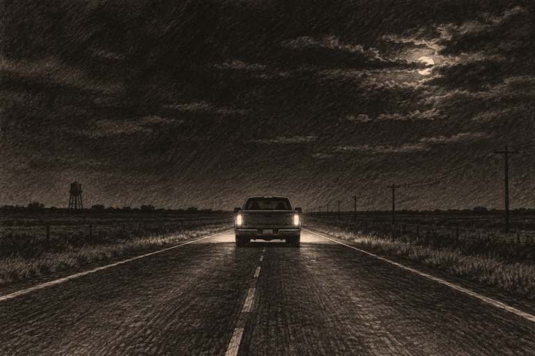 Pencil reconstruction: a pickup truck drives away down a dark, empty highway.