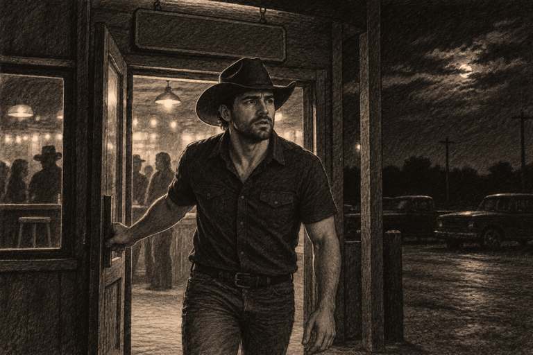 Pencil reconstruction: the boyfriend pushes through the bar door into the night, searching the parking lot.