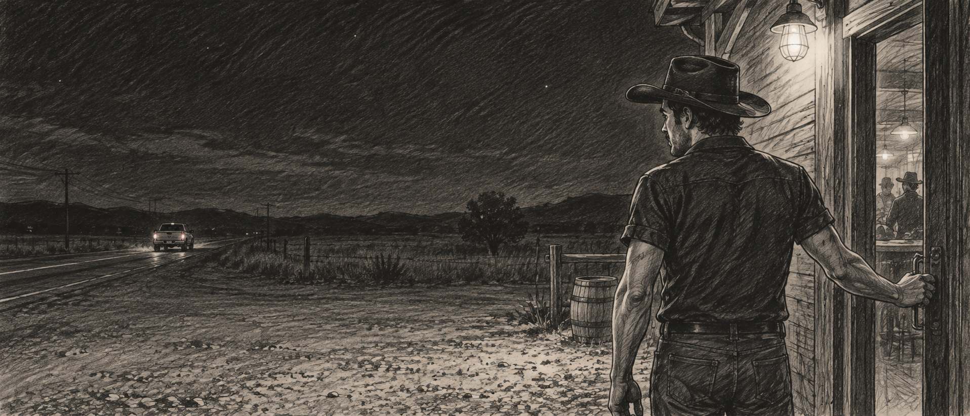 Pencil reconstruction: a man in a cowboy hat steps out of a roadside bar at night while a pickup's tail lights disappear down an empty road.