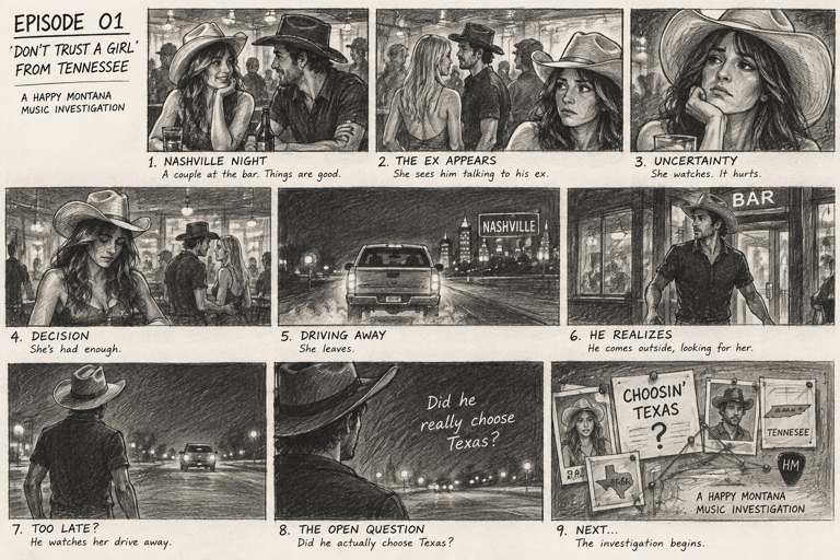 Episode 01 storyboard: nine pencil panels from Nashville night to 'the investigation begins'.